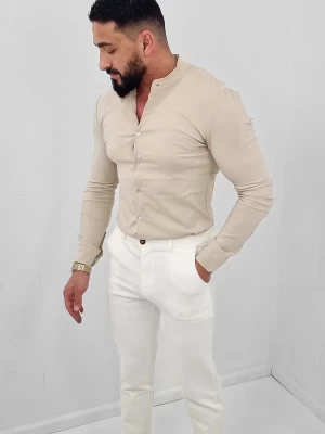 Halve Kraag Blouse Beige Slimfit Stretch