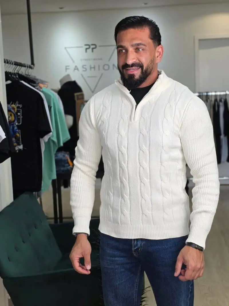 Gebreide KabelTrui met Ritssluiting Gebroken Wit 087