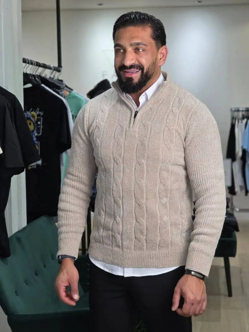 Gebreide KabelTrui met Ritssluiting Beige 087