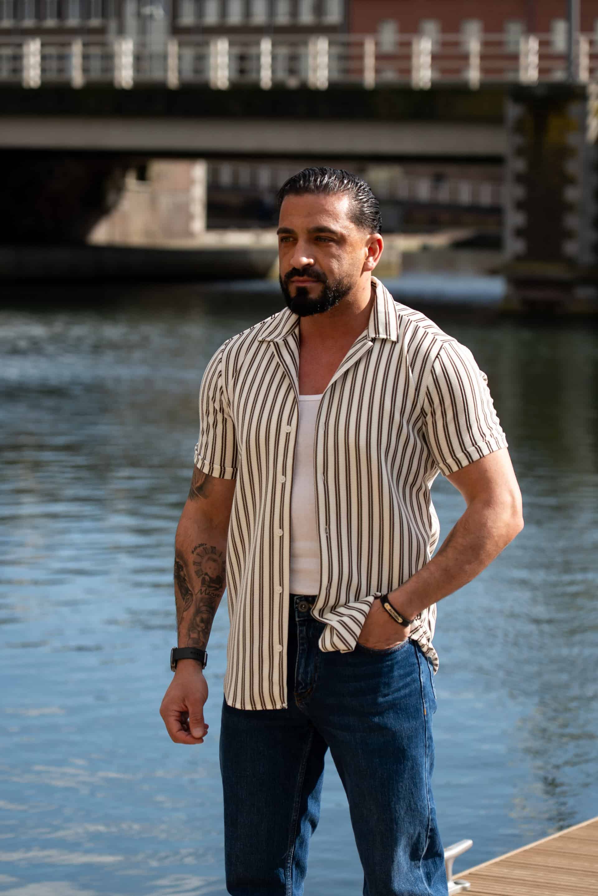 Gestreept Overhemd Korte Mouwen Bruin Wit