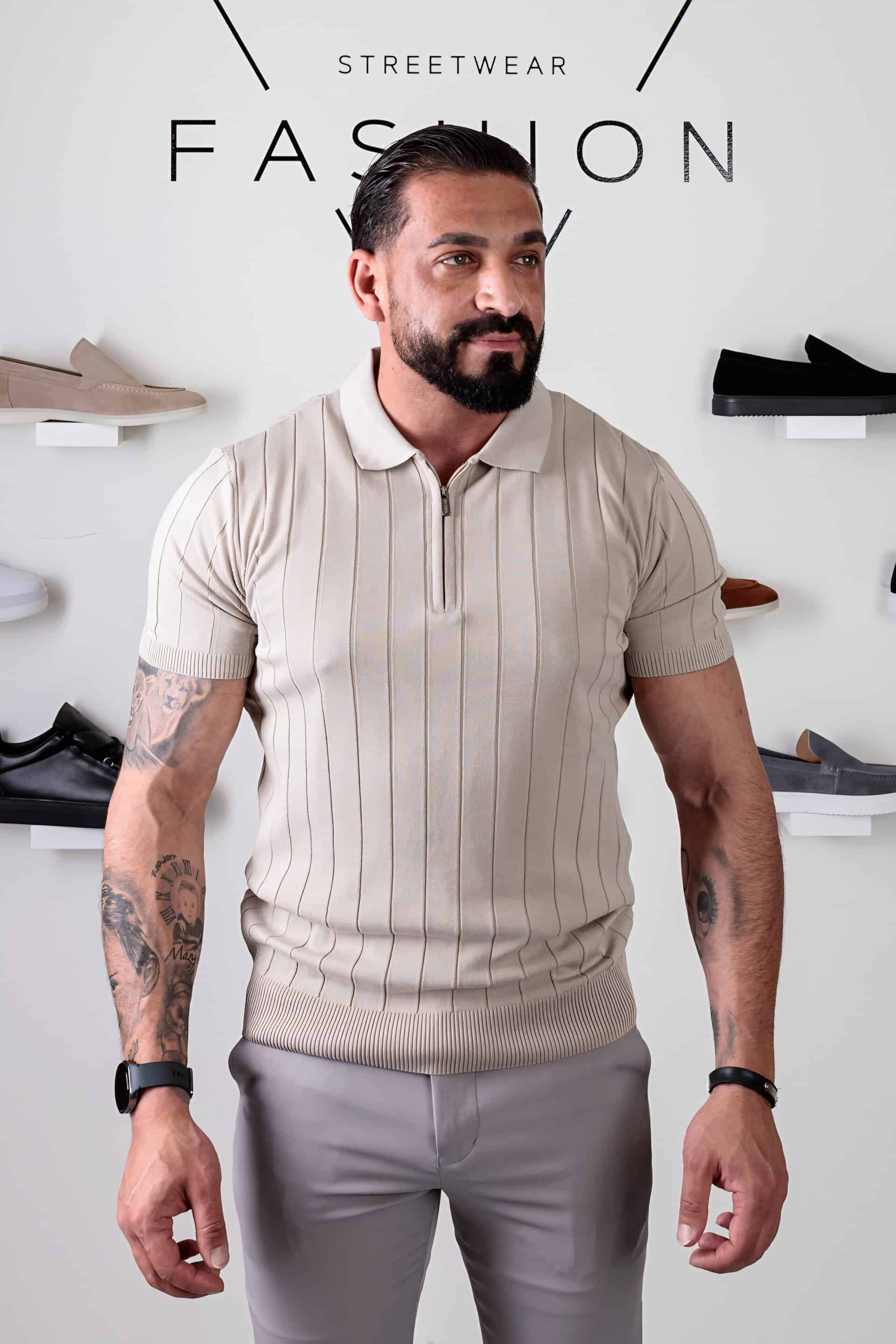 Ribbed Polo met Rits T-shirt Beige 009