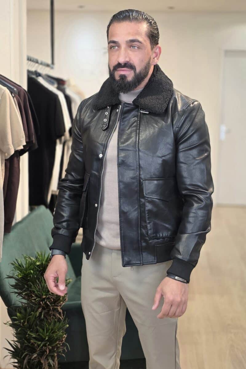 Aviator Jas met Taddy Kraag Zwart 06