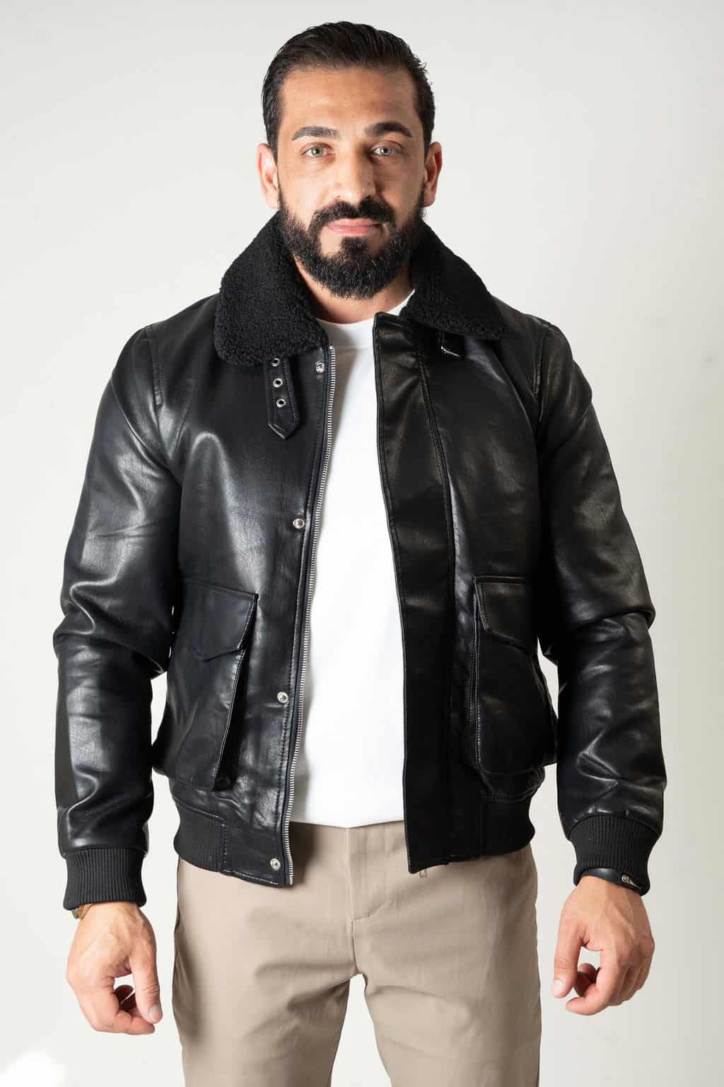 Aviator Jas met Taddy Kraag Zwart 06