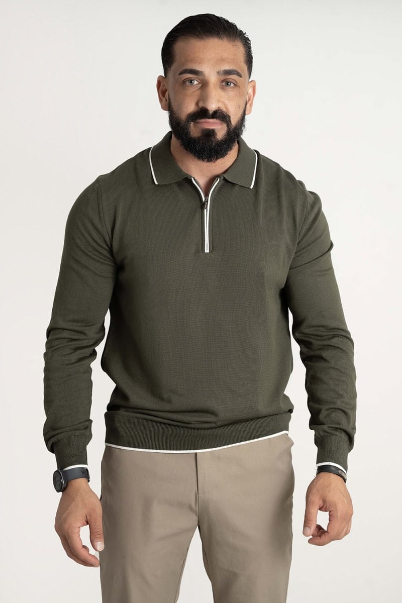 Fijngebreide Longsleeve Polo met Rits Khaki 004