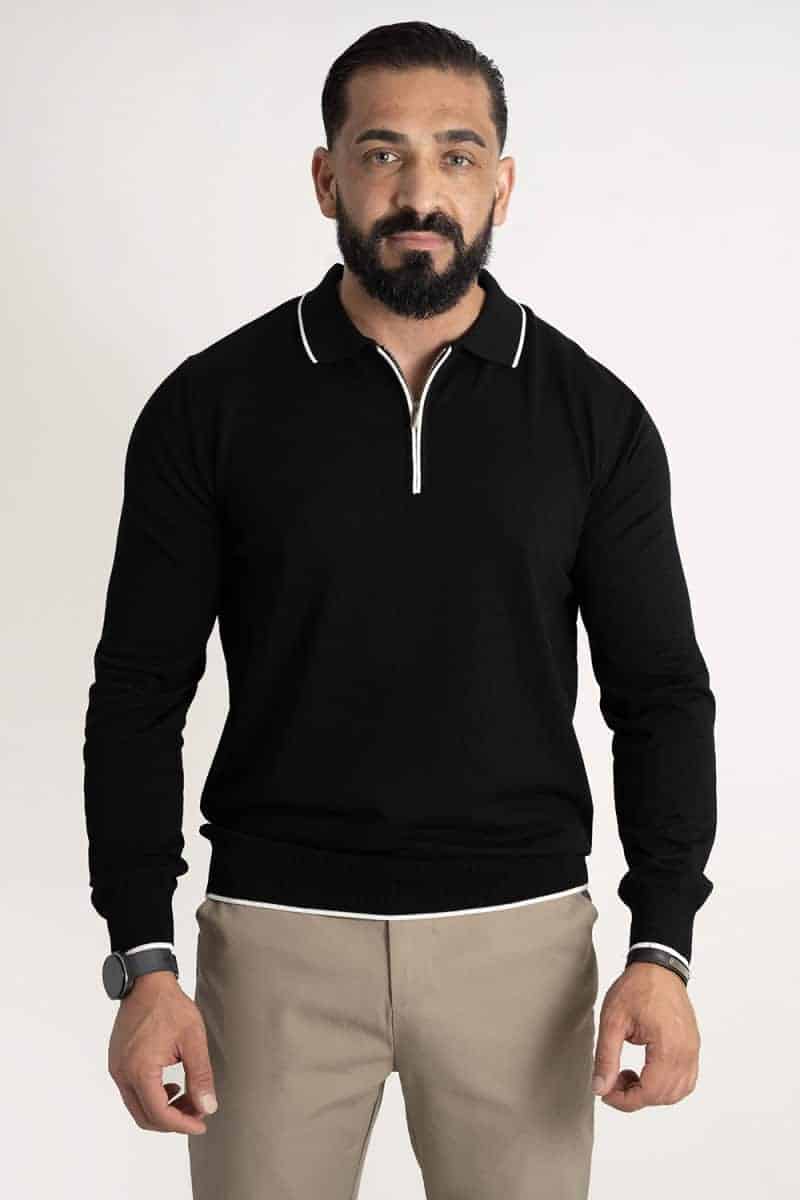 Fijngebreide Longsleeve Polo met Rits Zwart 004