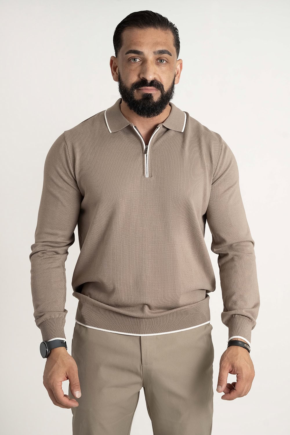 Fijngebreide Longsleeve Polo met Rits Taupe 004