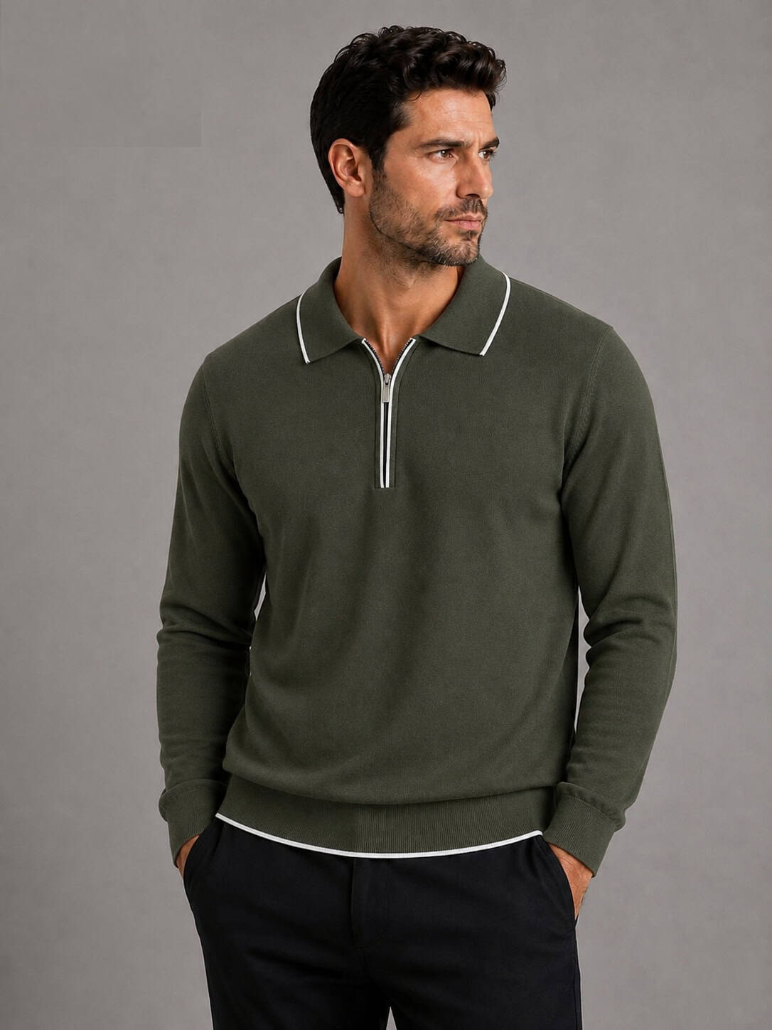 Fijngebreide Longsleeve Polo met Rits Khaki 004