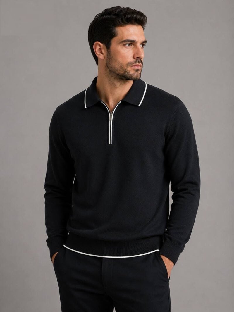Fijngebreide Longsleeve Polo met Rits Zwart 004
