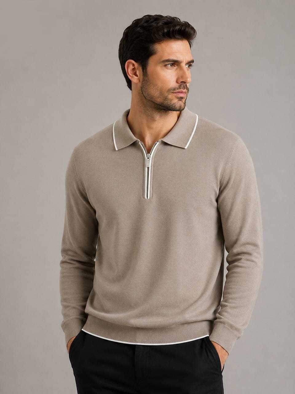Fijngebreide Longsleeve Polo met Rits Taupe 004