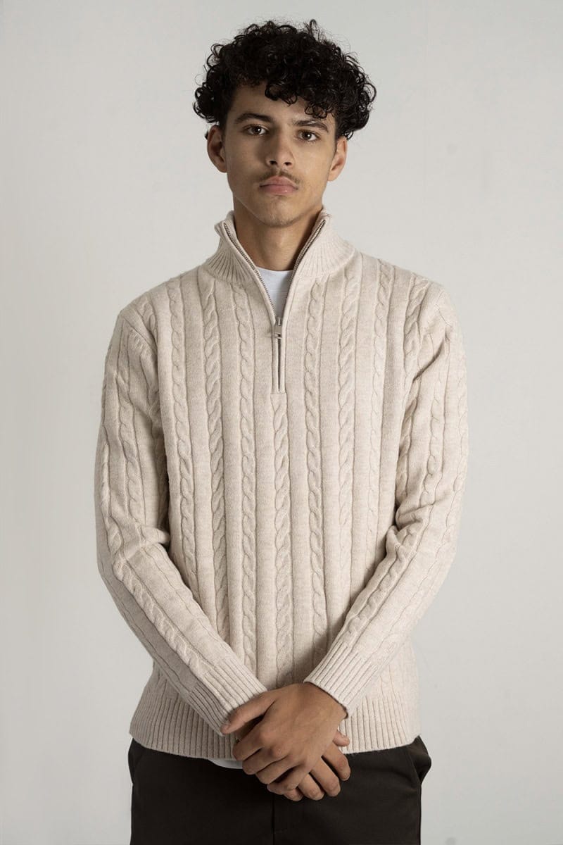 Cable Knit Half-Zip Pullover Beige 1103