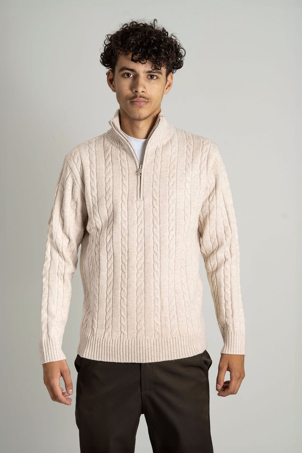 Cable Knit Half-Zip Pullover Beige 1103